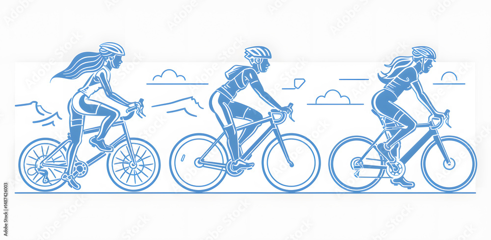 Fototapeta premium Three women cycling outdoors. Active lifestyle, fitness, and sports concept.