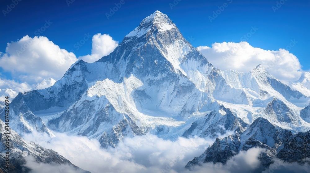 Majestic Snow Covered Mountain Peak Soaring Above Clouds Under a Blue Sky Majestic Snow Covered Mountain Peak Soaring Above Clouds Under a Blue Sky