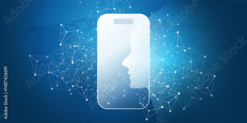 A conceptual blue-and-white image symbolizing AI, machine learning and facial recognition. A human head merges with a smartphone, overlaid with a digital network of identification nodes.