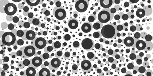 A minimal abstract pattern of black circles with soft gray shadows on a white background, creating a visual illusion of depth and movement from outer edges inward.