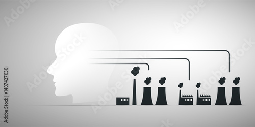 AI's energy hunger meets environmental concern: a human head silhouette next to the coal plants highlights the ecological cost of powering advanced tech with polluting energy sources.
