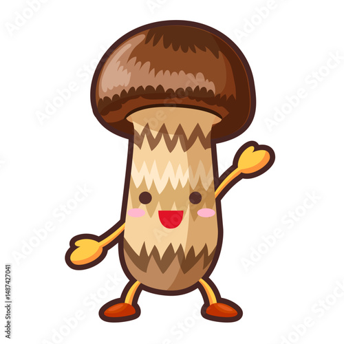 片手をあげるかわいいマツタケのイラスト