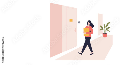 Woman carrying a package while walking in a modern hallway  