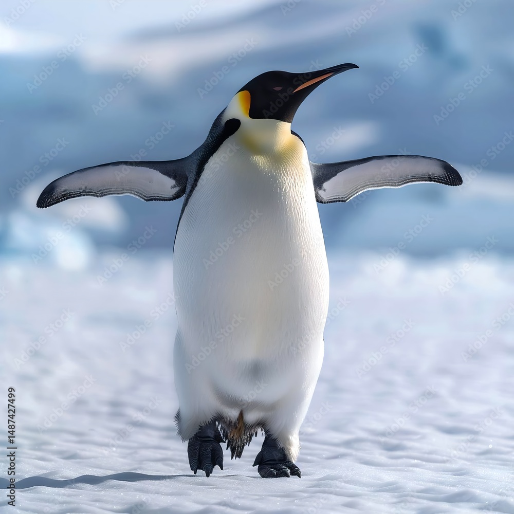 Obraz premium A solitary emperor penguin stands majestically in a snowy landscape, its black and white feathers contrasting with the pristine white snow beneath its feet.