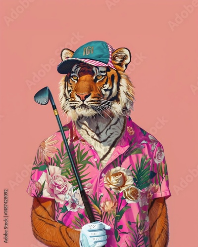 A stylized tiger stands confidently in a pink background, wearing a pink Hawaiian shirt and a green baseball cap, holding a black golf club in its mouth.