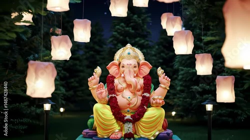 Colorful statue of Ganesh surrounded by lanterns and trees at night, celebrating a festive occasion - decoration ganesh