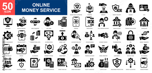 Online Money Service icon set collection. Money transfer, online transaction, digital service, online service, online banking icon. Simple glyph vector.