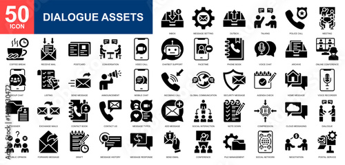 Dialogue Assets icon set collection. Smart communication, social media, mobile app, direct message, discussion icon. Simple glyph vector.