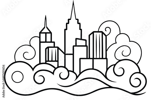 Black outlined buildings ascend above swirling clouds in skyline silhouette illustration