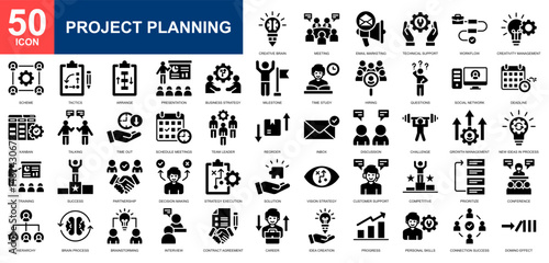 Project Planning icon set collection. Work plan, project management, business plan, workflow management, prototype icon. Simple glyph vector.