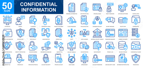 Confidential Information icon set collection. Secret file, Private Data, Personal data, confidentiality, data encryption icon. Simple line color vector.