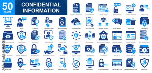 Confidential Information icon set collection. Secret file, Private Data, Personal data, confidentiality, data encryption icon. Simple glyph color vector.