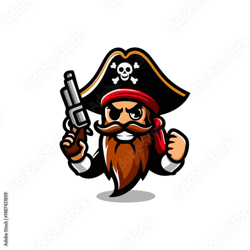 Vector illustration of pirate mascot cartoon character for logo adventure marine captain treasure sword eyepatch bandana beard skull ship crew outlaw scary villain hero funny fantasy sea portrait

