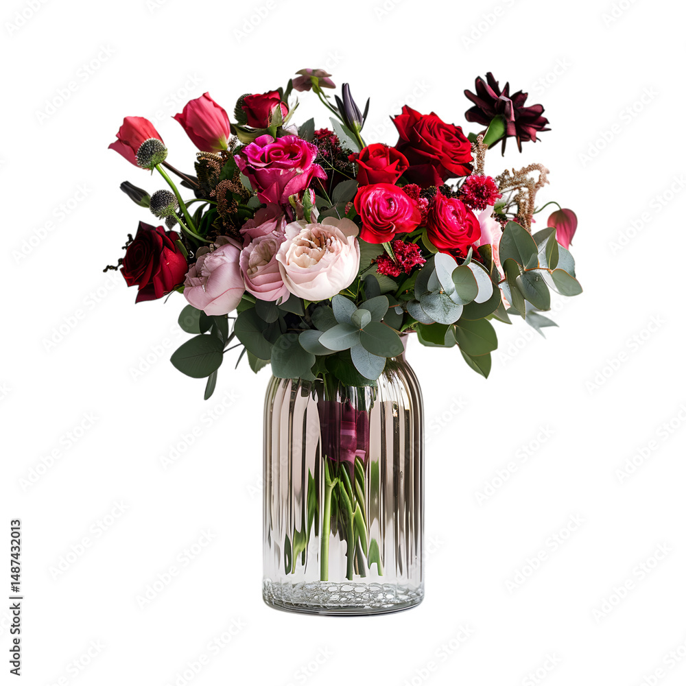 Fototapeta premium Romantic red and pink roses bouquet in elegant glass vase Isolated on Transparent Background