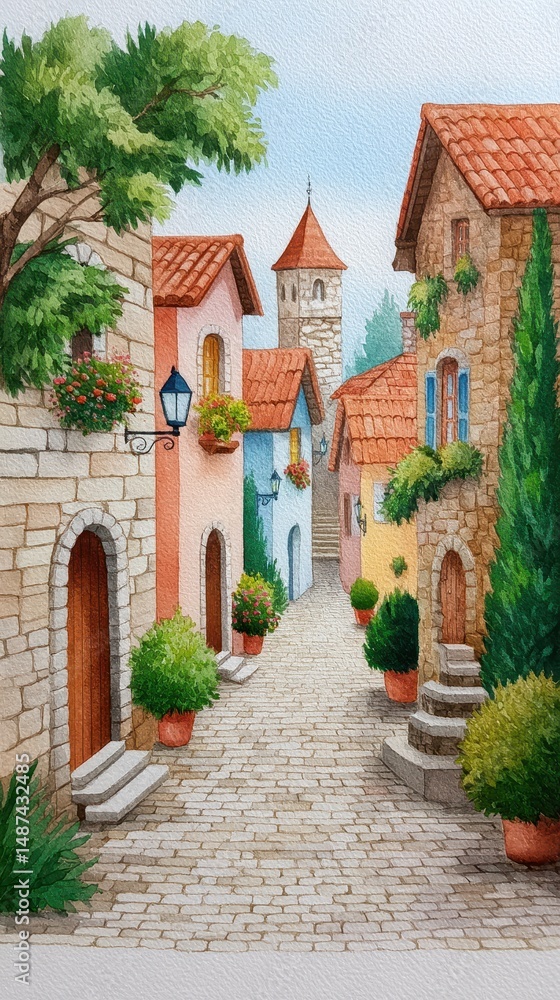 Fototapeta premium Idyllic Mediterranean Street Scene Cobblestone Pathway, Terracotta Roofs, Lush Greenery
