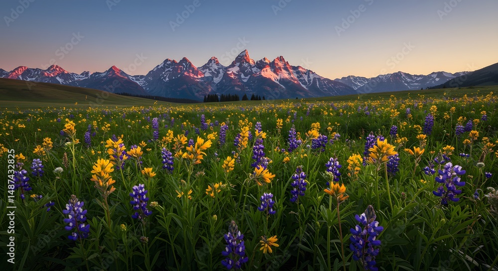 Obraz premium Vibrant Wildflower Meadow at Sunrise with Majestic Teton Mountain Range in Background