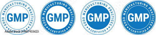 round blue GMP certified badges with bold letters and clean design used for good manufacturing labels	