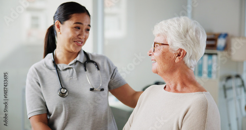 Wallpaper Mural Support, doctor and trust with old woman in office for patient feedback, insurance and physiotherapy plan. Healthcare, rehabilitation and medical help with people in clinic for consulting and smile Torontodigital.ca