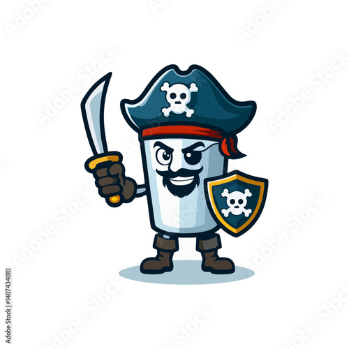 Adventure pirate mascot cartoon character vector illustration for logo treasure sword captain marine ship crew skull eyepatch bandana beard outlaw scary villain hero old man fantasy ocean funny