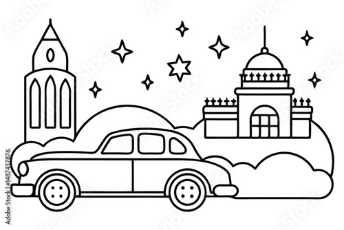 Classic black outline car travels past iconic buildings under a starry sky