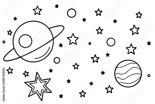 Delineated planets stars and circles float serenely against the clear white background of cosmic space