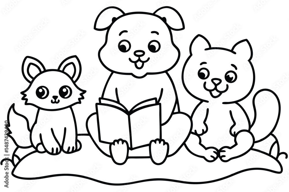 Dog reads a book while a fox and a cat listen attentively Dog reads a book while a fox and a cat listen attentively
