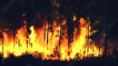 Forest fire at night, flames engulfing trees. photo