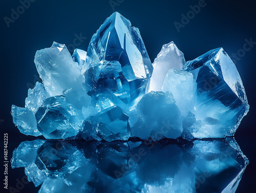Luminous Blue Crystal Cluster with Reflection