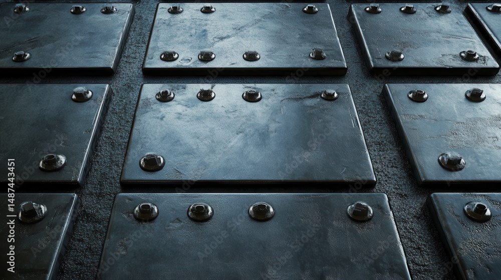 Fototapeta premium interlocked metal plates with bolts and seams, tech-industrial design