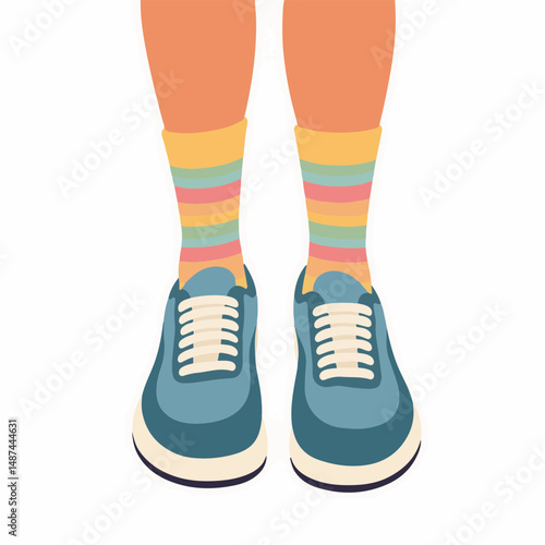Feet in Rainbow Striped Socks and Minimal Sneakers on White Background for Fashion Blogs, Lifestyle Websites, Creative Design, and Social Media Content