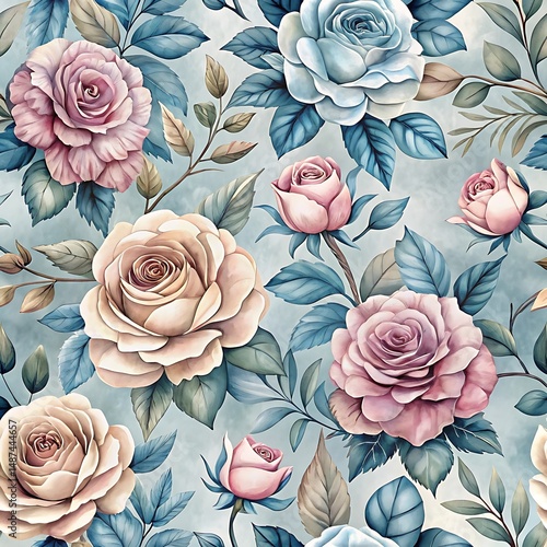 Blue and pink floral pattern with roses and leaves. Graphic, vector, illustration, art, design, clipart, abstract, digital, stock