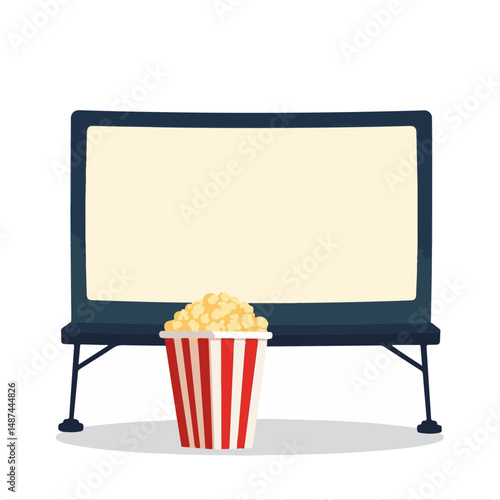 Outdoor Movie Screen with Popcorn Bucket in Flat Design for Event Planning, Social Gatherings, Family Activities, and Summer Entertainment Content