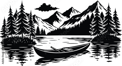 Lake with Canoe Silhouette, Nature Landscape Vector, Canoeing Clipart, Outdoor Adventure SVG Design