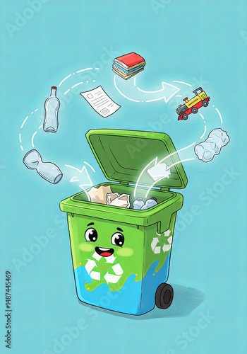 Happy Anthropomorphic Recycling Bin Sorting Waste with Enthusiastic Eco Smile Expression. 