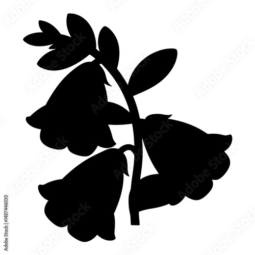 Silhouette of a bellflower plant featuring three bellshaped blossoms and leaves
