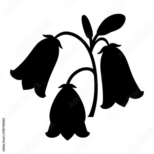 Stylized Bellflower Silhouette with Three Blooms and Green Foliage in Black