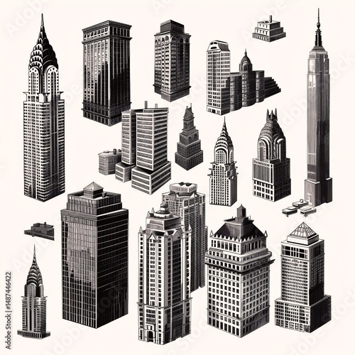 A collection of black and white buildings, showcasing diverse architectural styles, from tall skyscrapers to compact structures, against a simple white background.