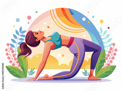 A woman in bridge pose (Setu Bandhasana) lifting hips from the ground. White background, core and glute strength practice