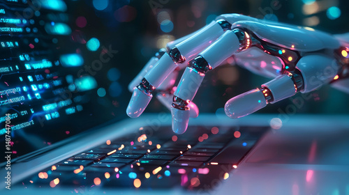Obraz na płótnie Robot hands point to laptop button advisor chatbot robotic artificial intelligence concept