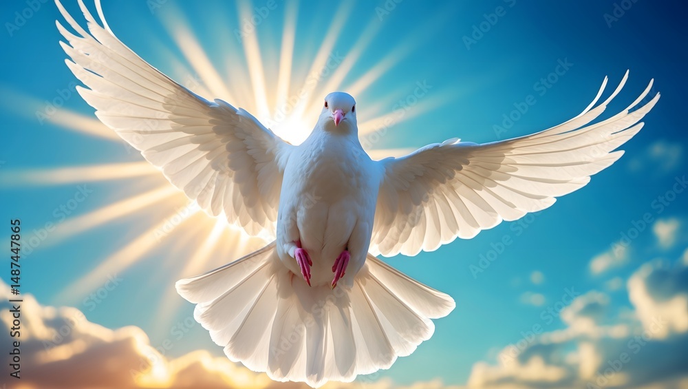 Obraz premium Dove of Peace in Sunlight: A majestic white dove soars majestically against a radiant sunrise, its wings outstretched in a symbol of peace and hope.