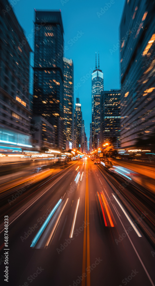 Obraz premium Urban Rush: Blurred Cityscape at Twilight with Streaking Lights - A Dynamic City Vision!