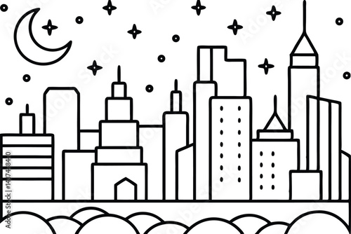 Line art shows skyline with crescent moon and stars above the buildings