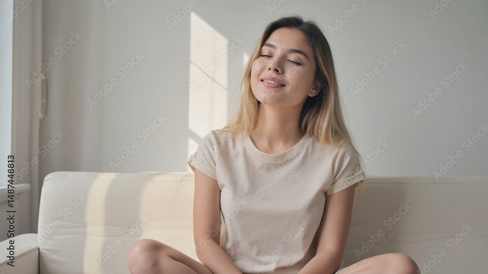 Serene Moment: A Young Woman Enjoys a Quiet Moment of Contemplation as the sunlight gently illuminates her face. Serene Moment: A Young Woman Enjoys a Quiet Moment of Contemplation as the sunlight gently illuminates her face.