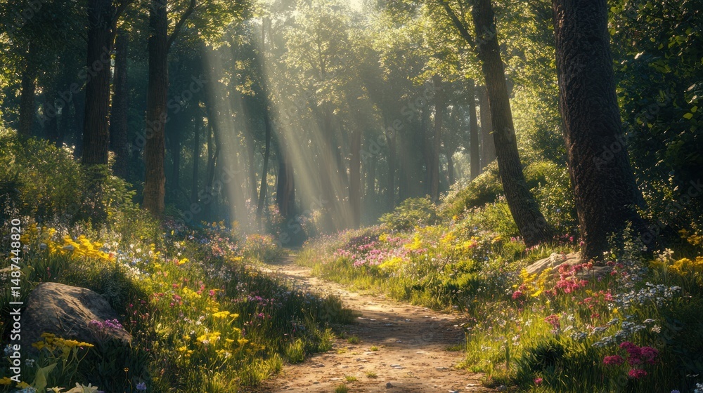 Obraz premium Sunlit Path Through a Magical Forest