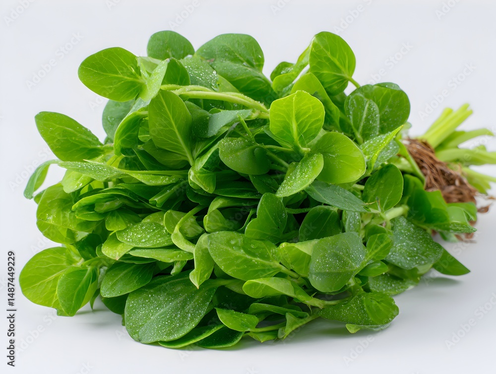 Fototapeta premium A fresh bunch of vibrant green pea sprouts sits on a clean white background ready for consumption or cooking.