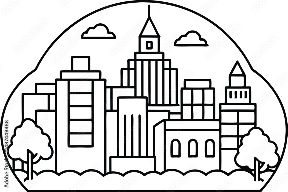 Naklejka premium Line drawing shows a cityscape with several buildings and two small trees