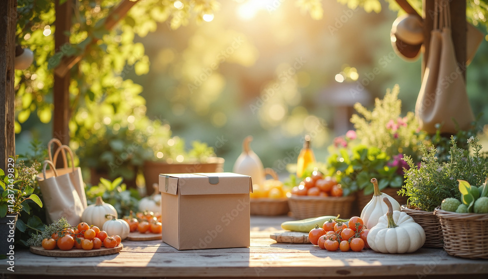Fototapeta premium Cardboard box with fresh produce, in a garden setting, for online store marketing