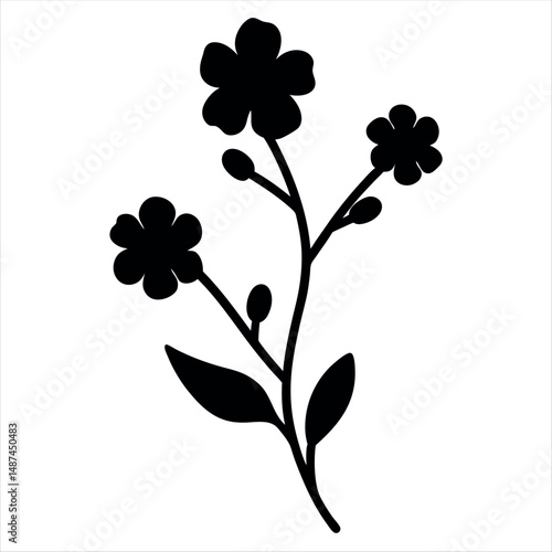 Simple Black and White ForgetMeNot Flower Illustration on White Background