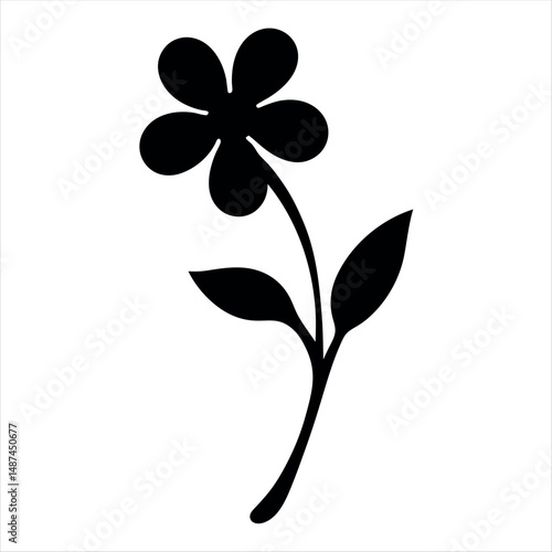 Simple black and white flower design with leaves and curved stem