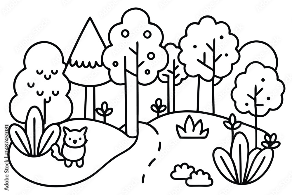Fototapeta premium Minimalist line drawing shows a cartoon fox by foliage along a forest path